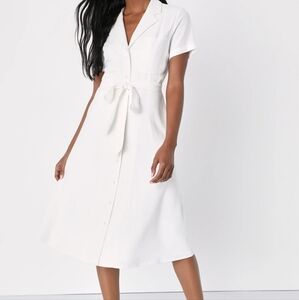 Lulus Dress, Sweet Sincerity, White, NWT, Size  M, Midi Button Up, Belted